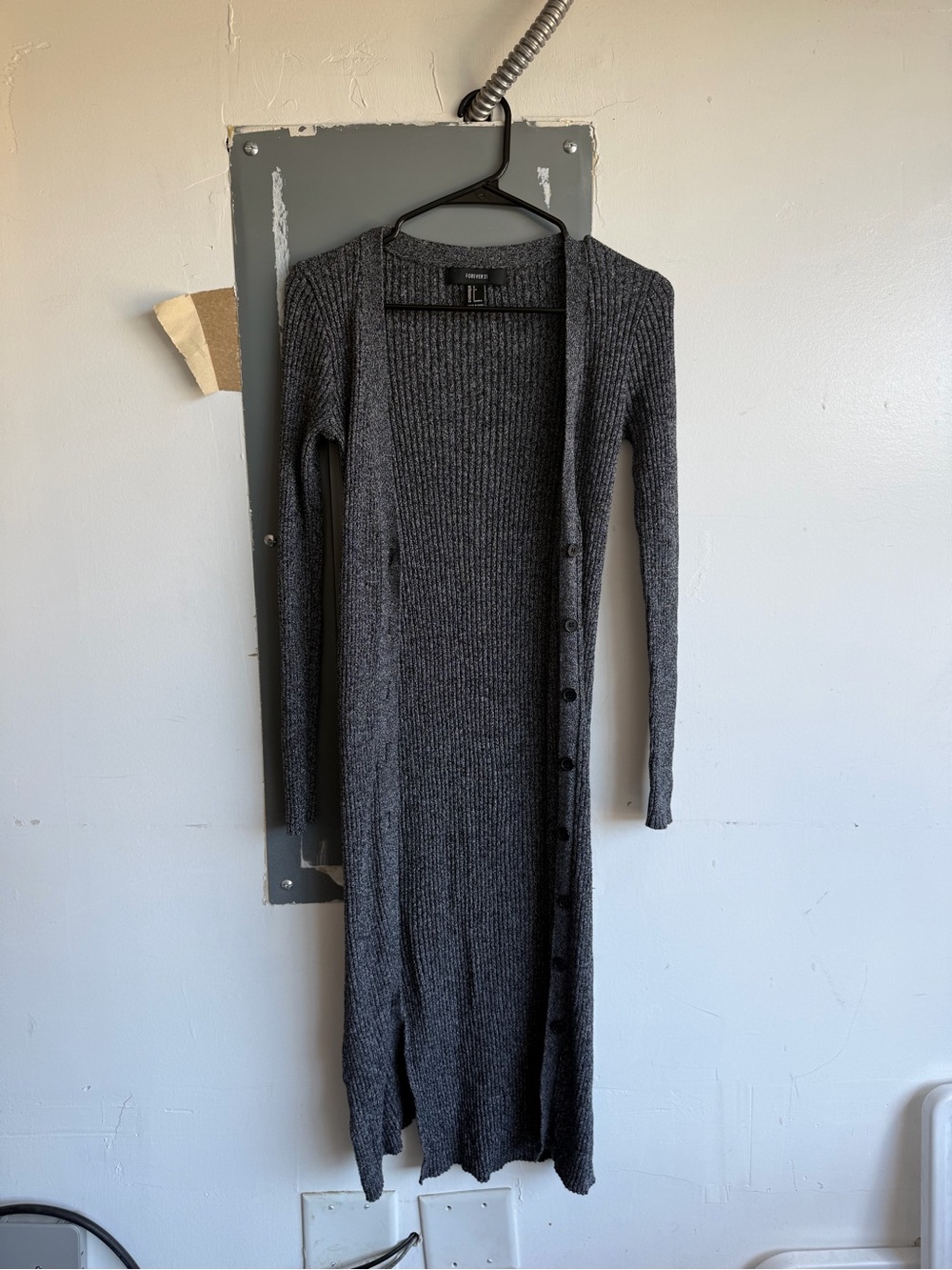 Long Ribbed Button-Front Knit Dress - Charcoal Gray